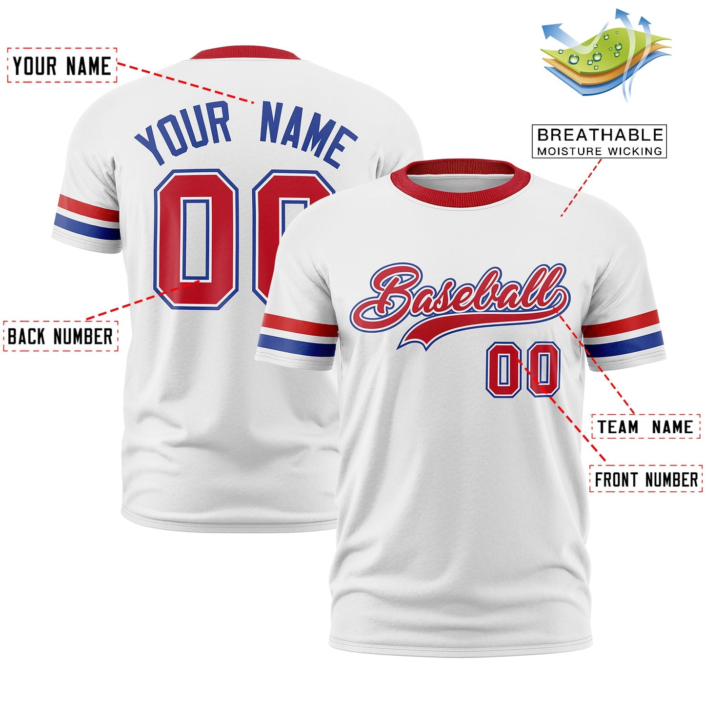 Custom White Royal Blue T-shirt Classic Style Stripe Fashion Sports Shirt for Youth & Adults