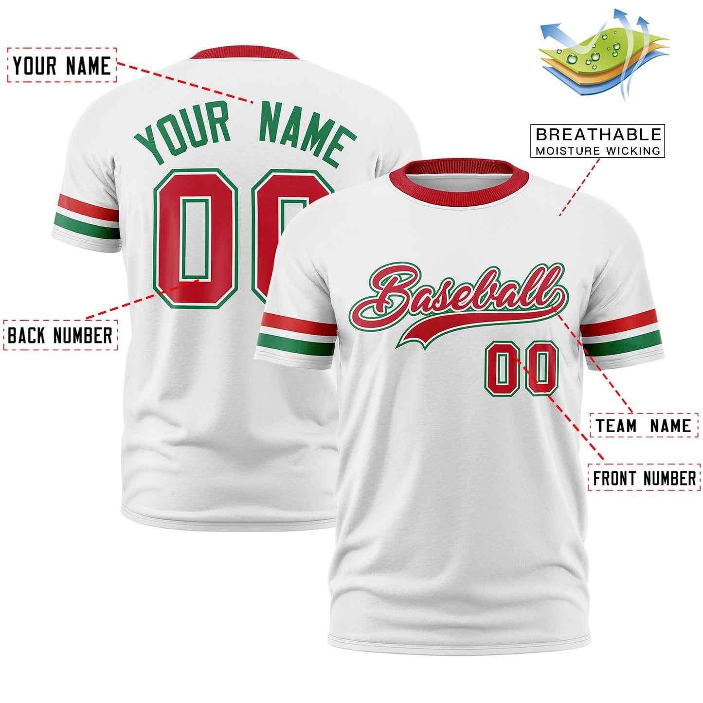 Custom White Kelly Green T-shirt Classic Style Stripe Fashion Sports Shirt for Youth & Adults