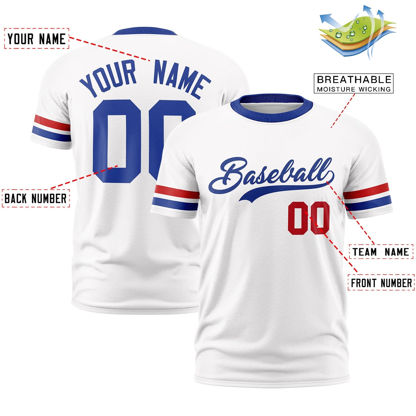 Custom White Royal Blue T-shirt Classic Style Stripe Fashion Sports Shirt for Youth & Adults