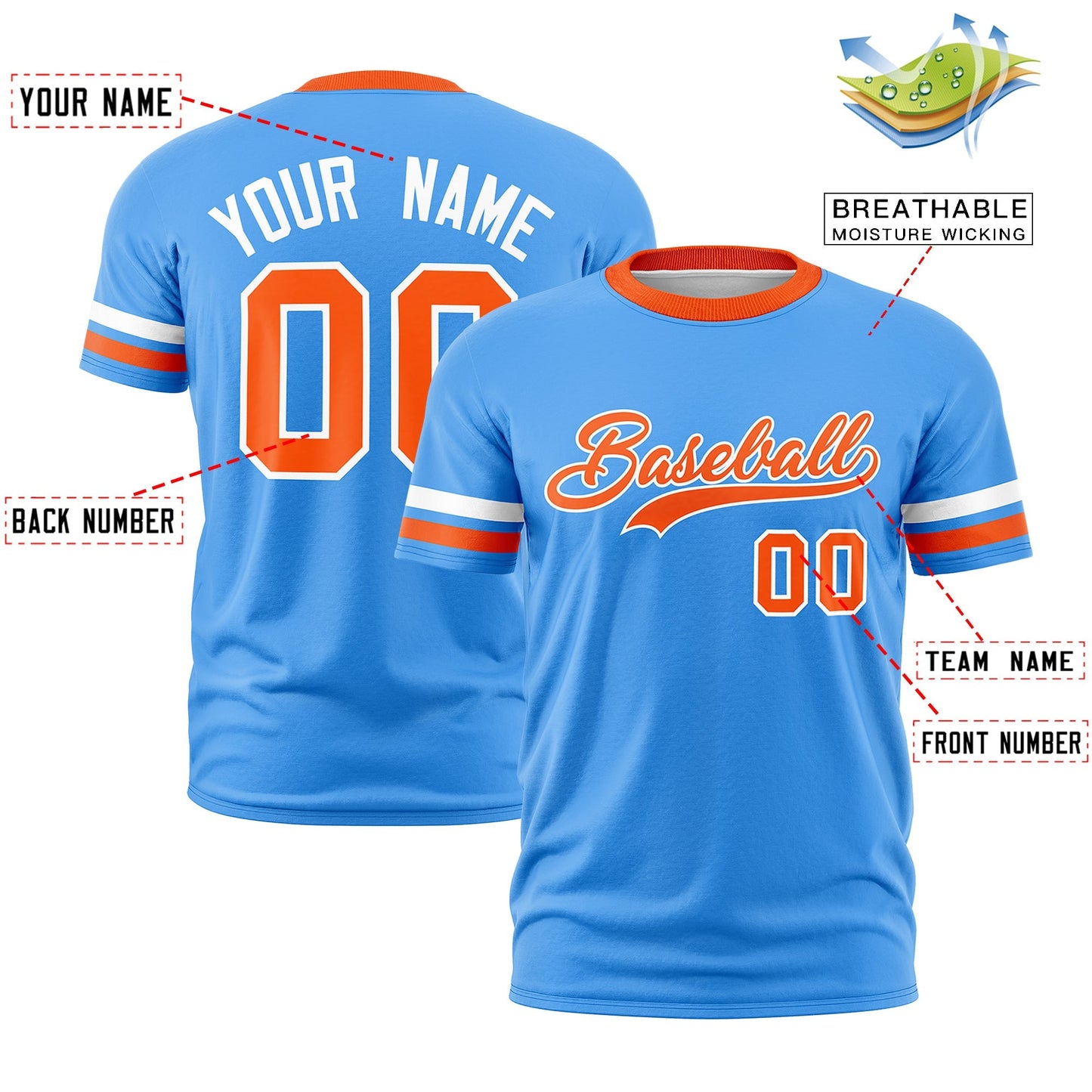 Custom Aqua Orange T-shirt Classic Style Stripe Fashion Sports Shirt for Youth & Adults