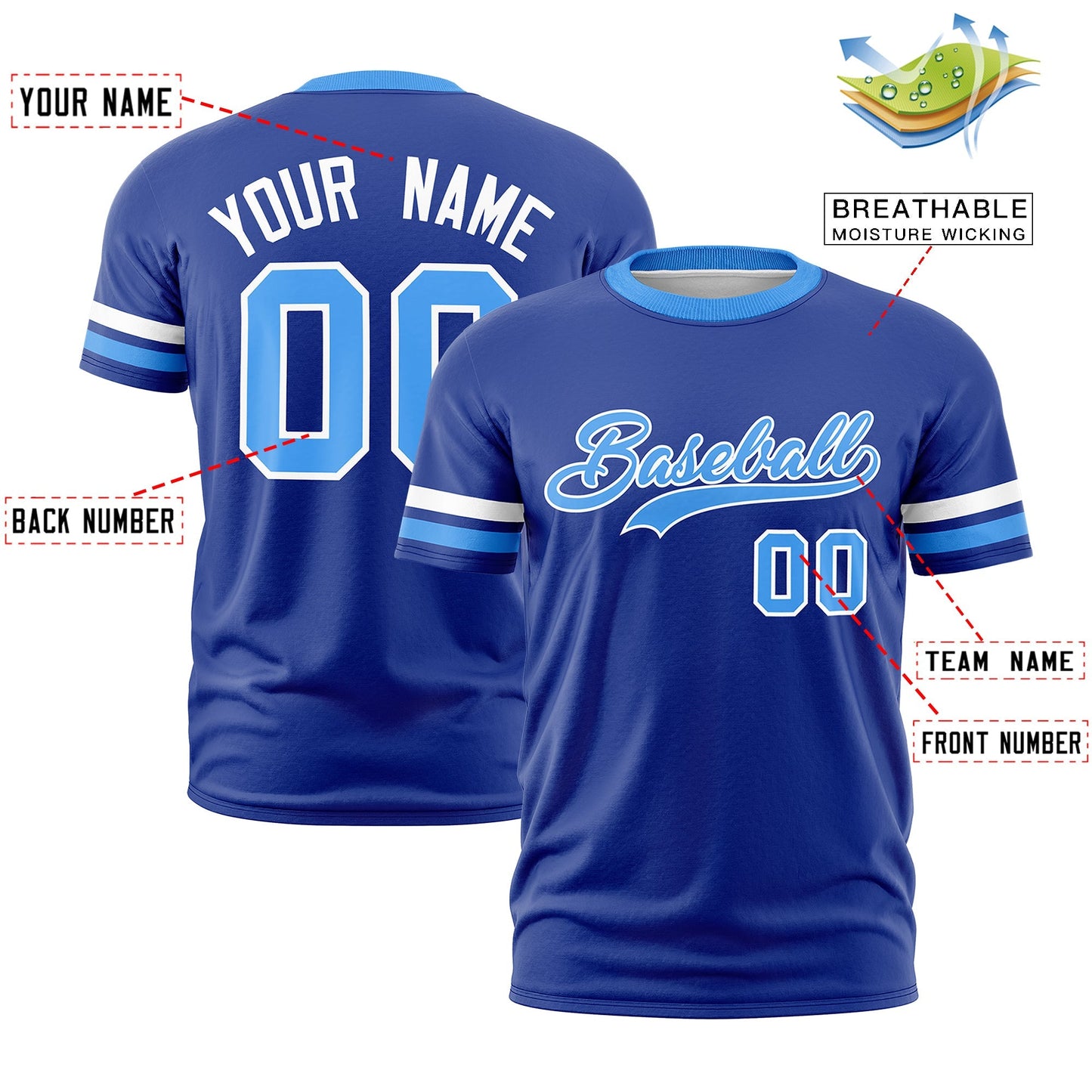 Custom Royal Blue Powder Blue T-shirt Classic Style Stripe Fashion Sports Shirt for Youth & Adults
