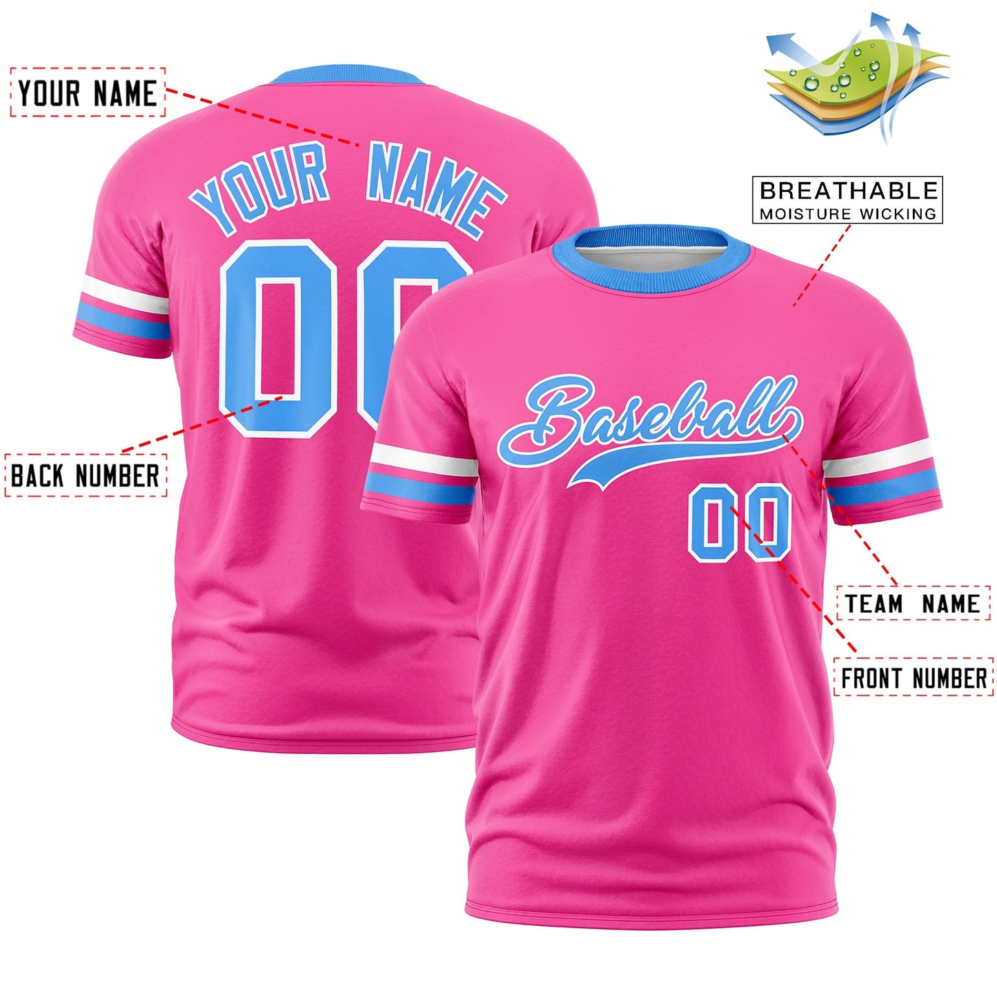 Custom Pink Powder Blue T-shirt Classic Style Stripe Fashion Sports Shirt for Youth & Adults
