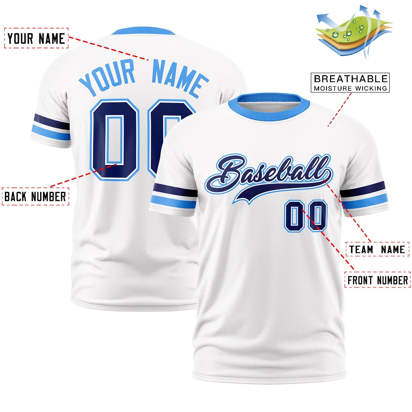 Custom White Powder Blue T-shirt Classic Style Stripe Fashion Sports Shirt for Youth & Adults