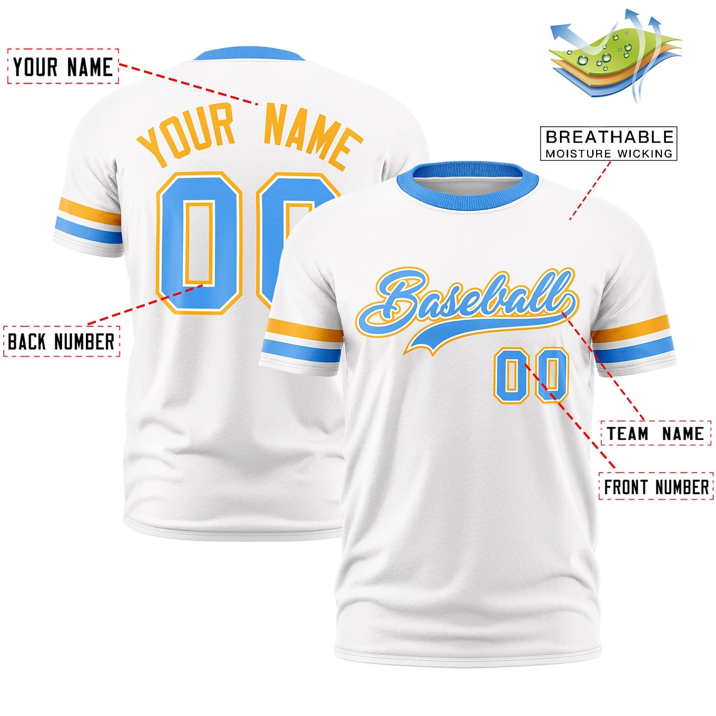 Custom White Powder Blue T-shirt Classic Style Stripe Fashion Sports Shirt for Youth & Adults