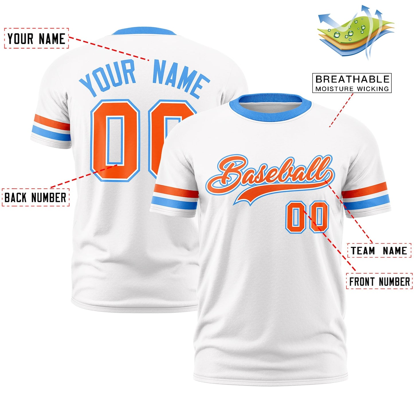 Custom White Powder Blue T-shirt Classic Style Stripe Fashion Sports Shirt for Youth & Adults