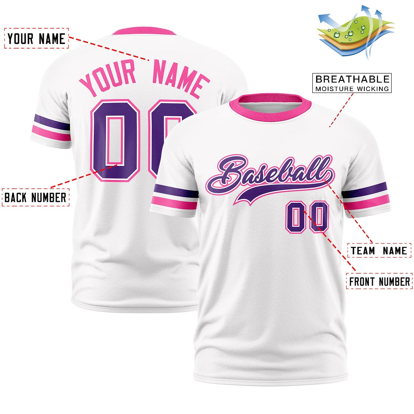 Custom White Pink T-shirt Classic Style Stripe Fashion Sports Shirt for Youth & Adults