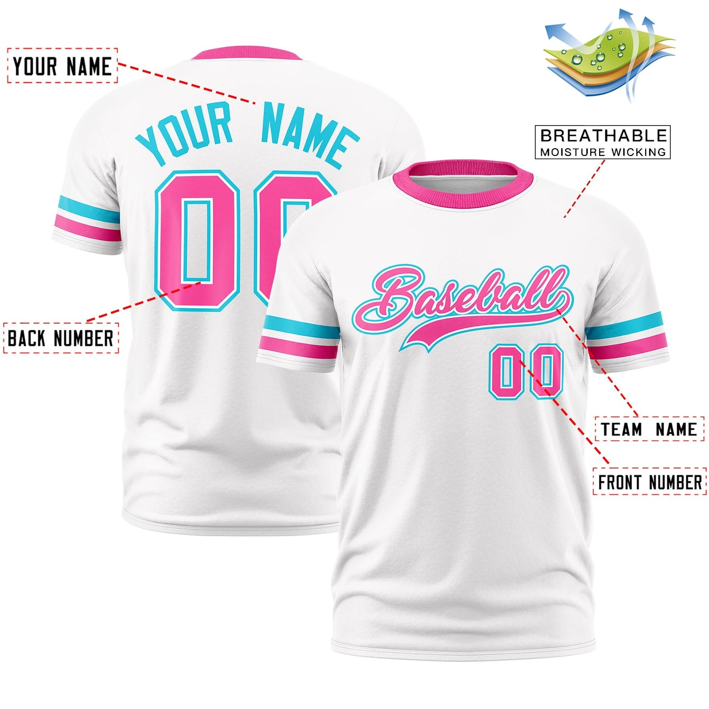 Custom White Pink T-shirt Classic Style Stripe Fashion Sports Shirt for Youth & Adults
