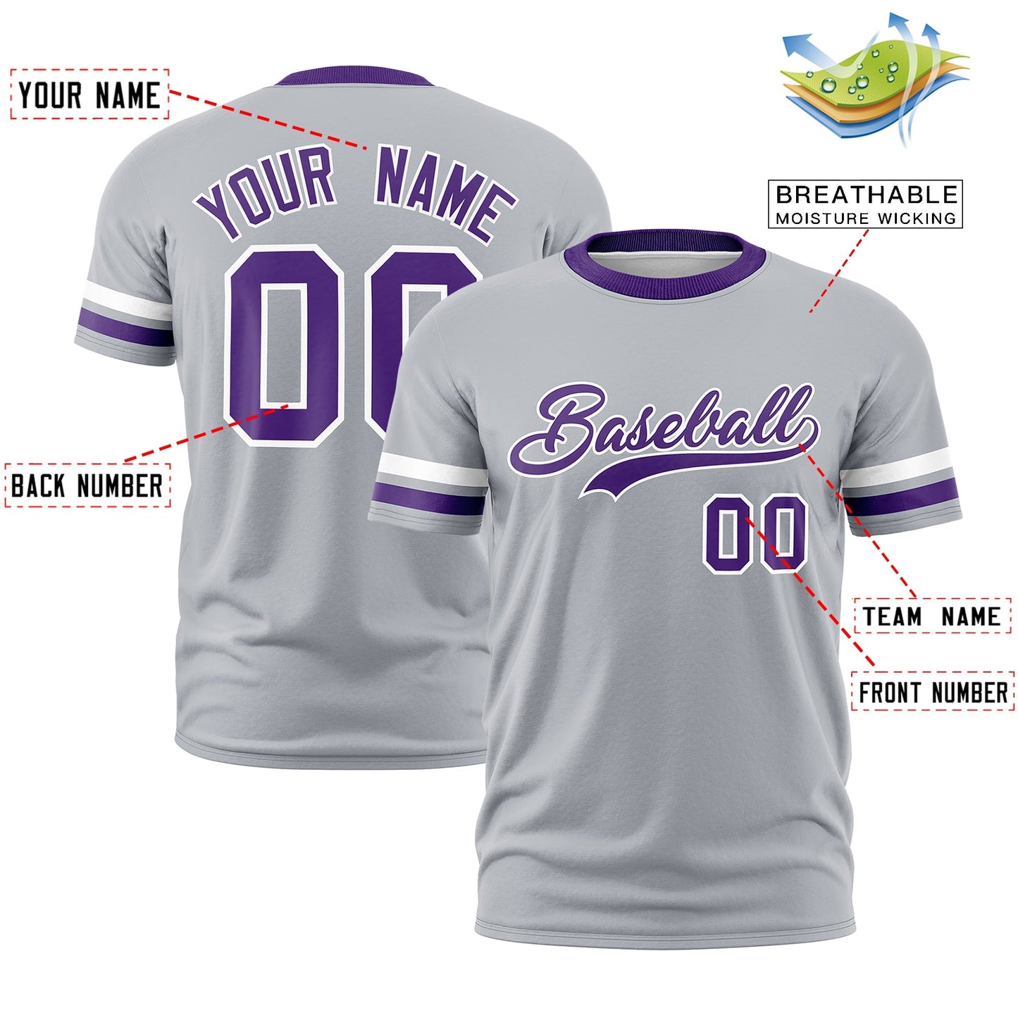 Custom Gray Purple T-shirt Classic Style Stripe Fashion Sports Shirt for Youth & Adults