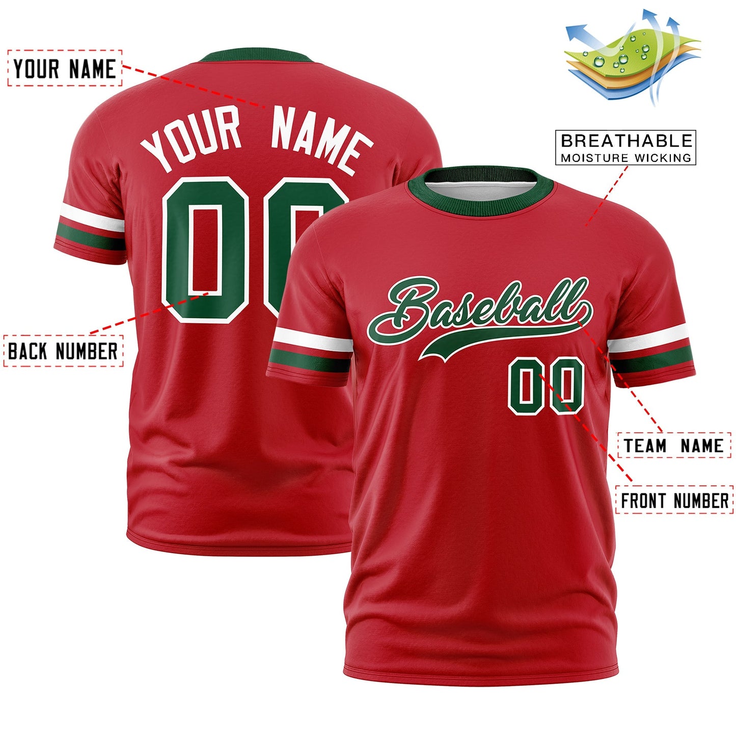 Custom Red Green T-shirt Classic Style Stripe Fashion Sports Shirt for Youth & Adults
