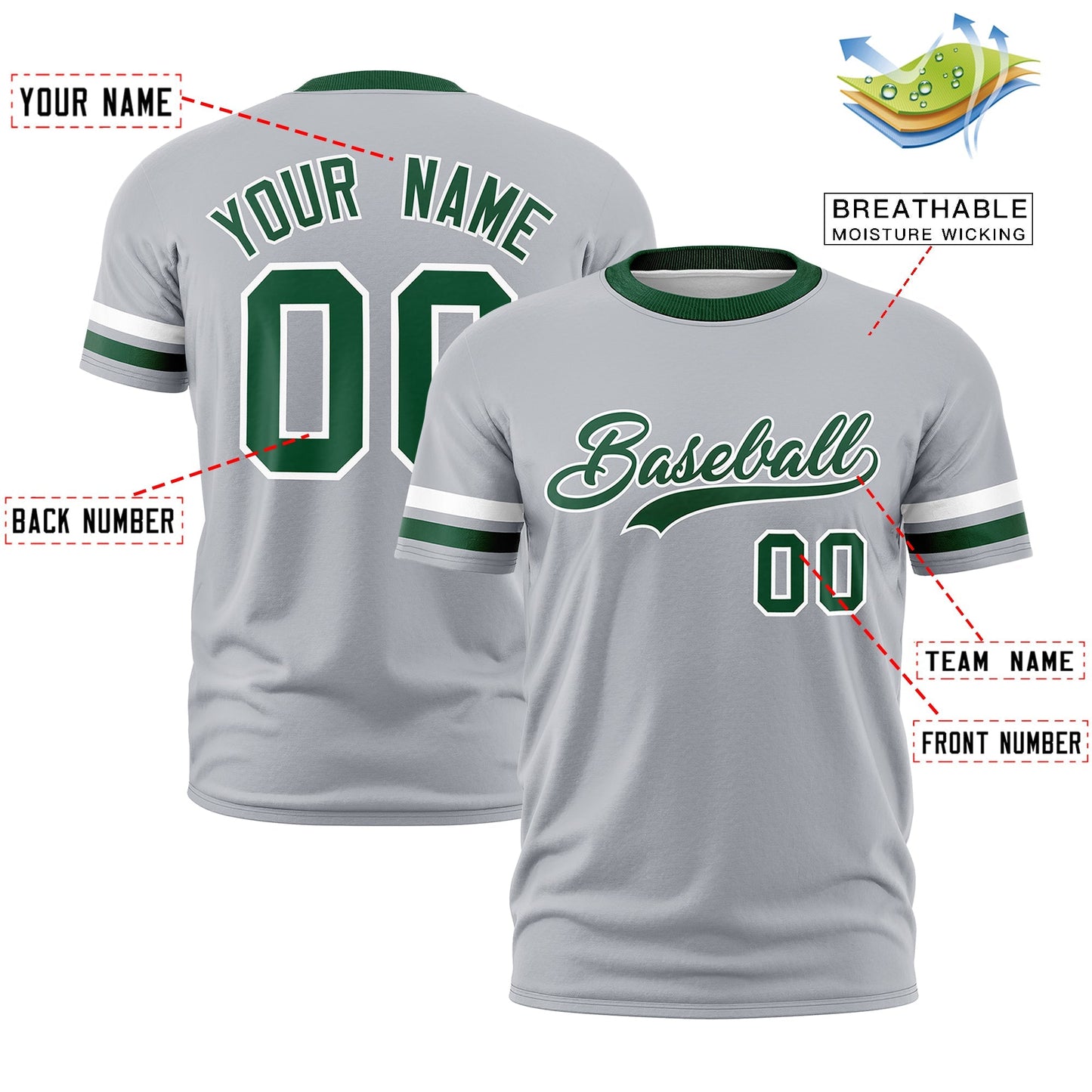 Custom Gray Green T-shirt Classic Style Stripe Fashion Sports Shirt for Youth & Adults