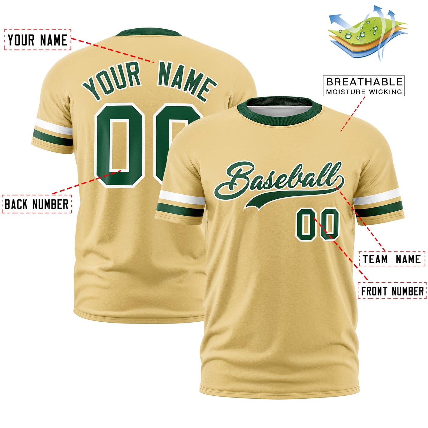 Custom Khaki Green T-shirt Classic Style Stripe Fashion Sports Shirt for Youth & Adults