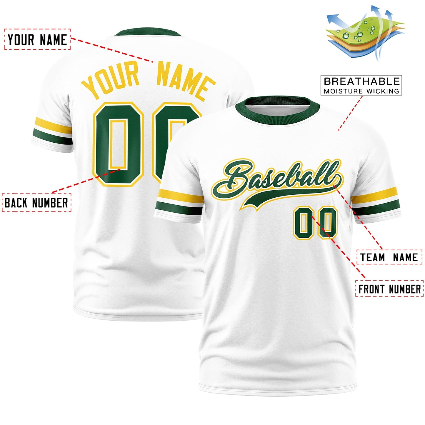 Custom White Green T-shirt Classic Style Stripe Fashion Sports Shirt for Youth & Adults