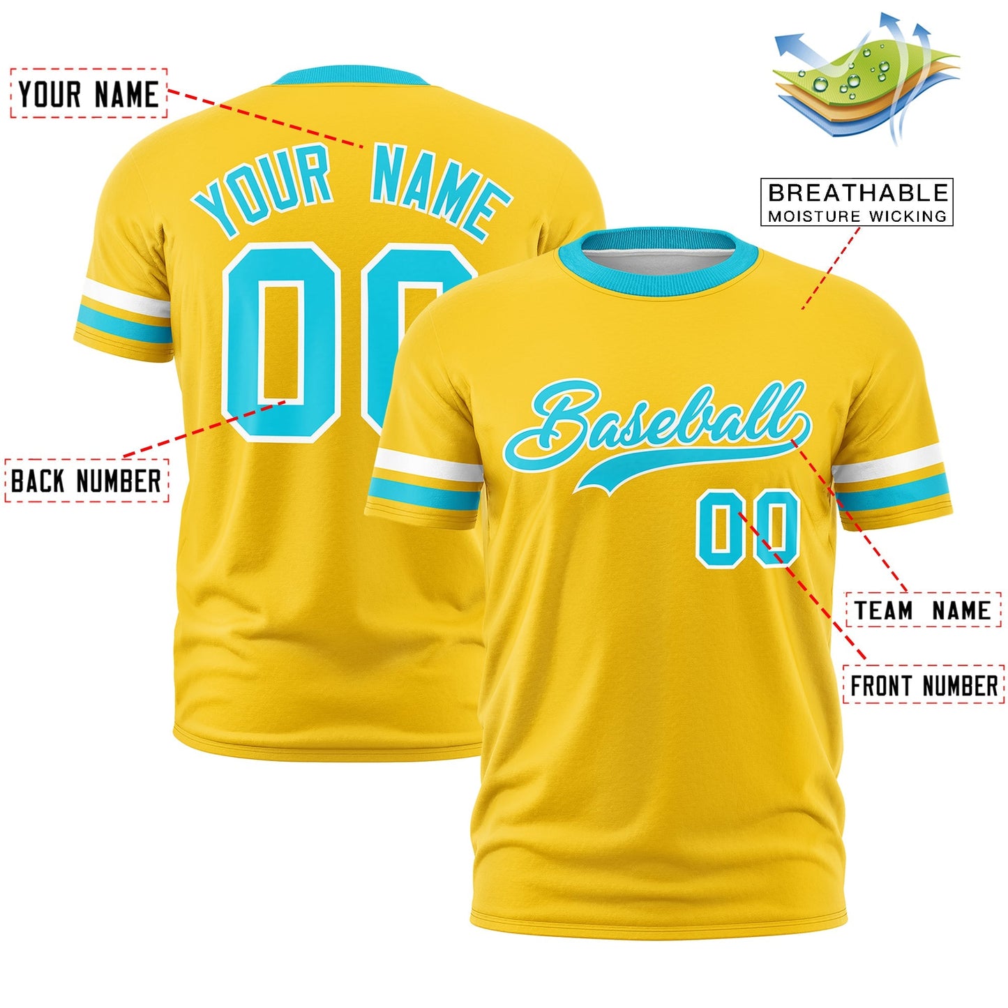 Custom Gold Sky Blue T-shirt Classic Style Stripe Fashion Sports Shirt for Youth & Adults