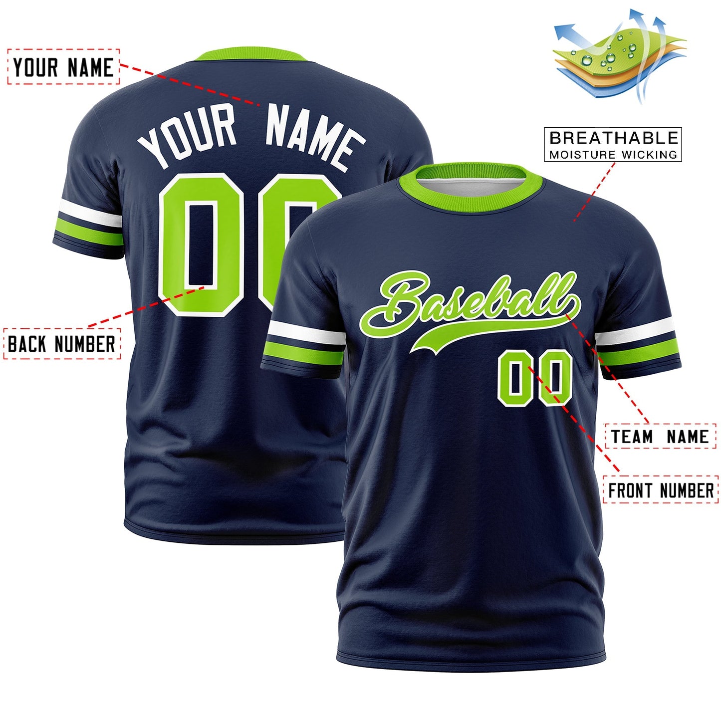 Custom Navy Neon Green T-shirt Classic Style Stripe Fashion Sports Shirt for Youth & Adults
