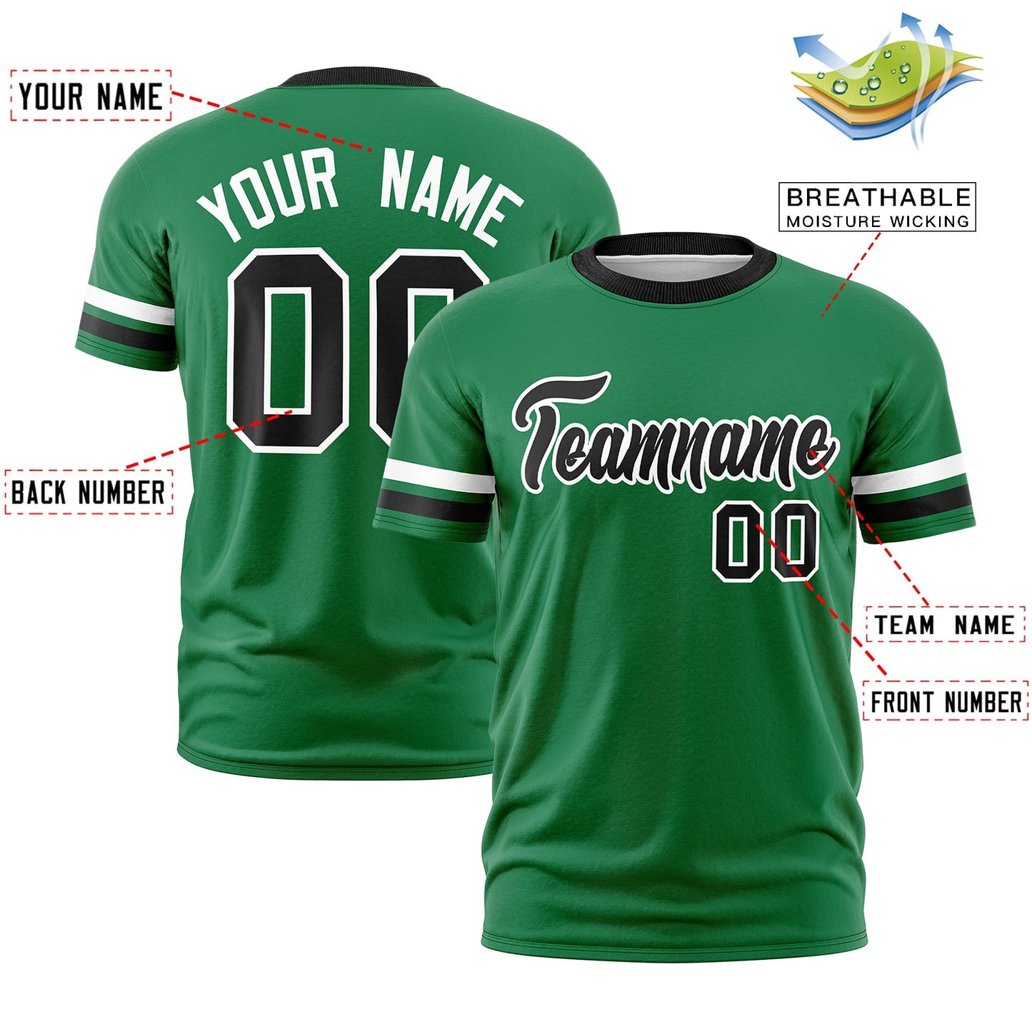 Custom Kelly Green Black T-shirt Classic Style Stripe Fashion Sports Shirt for Youth & Adults