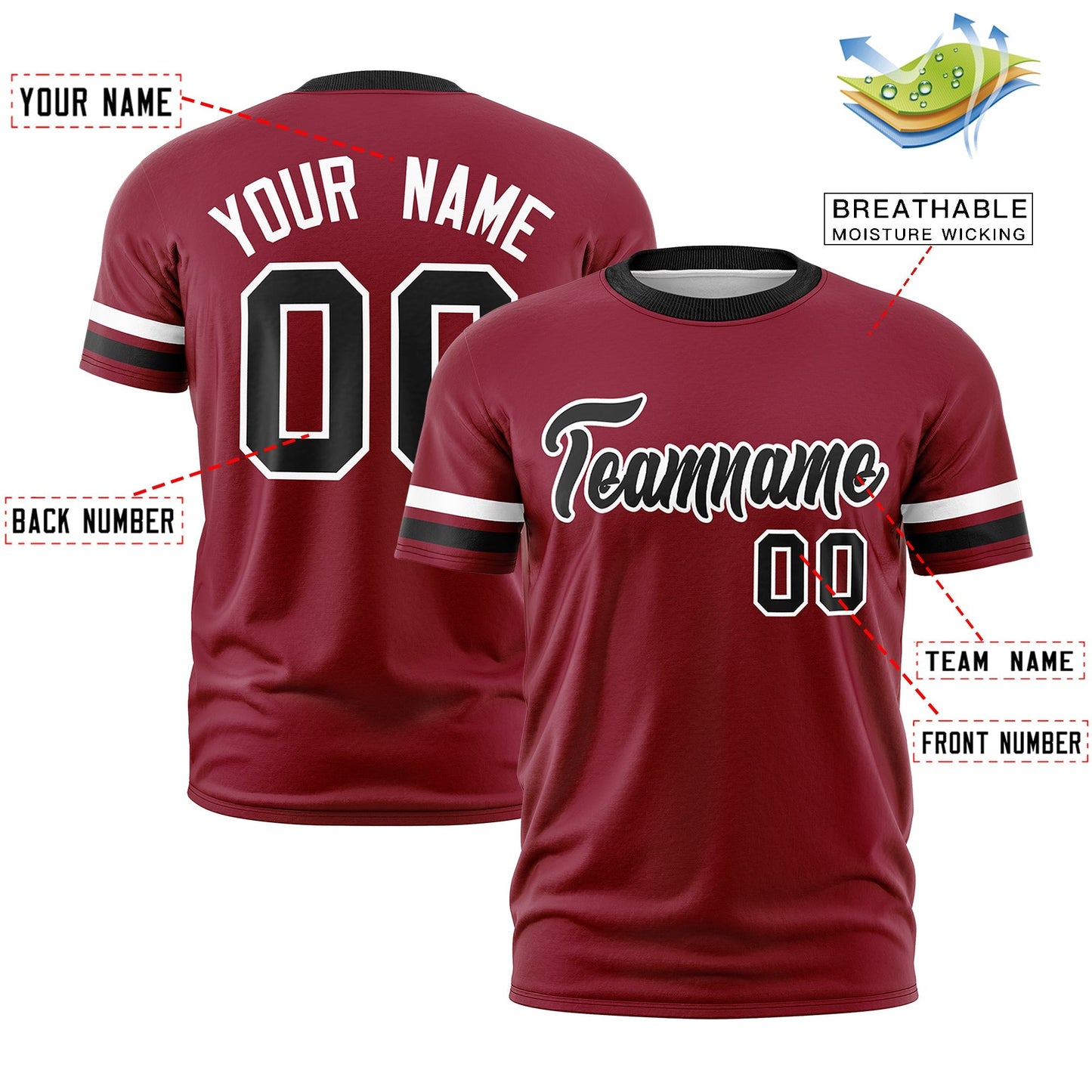 Custom Crimson Black T-shirt Classic Style Stripe Fashion Sports Shirt for Youth & Adults