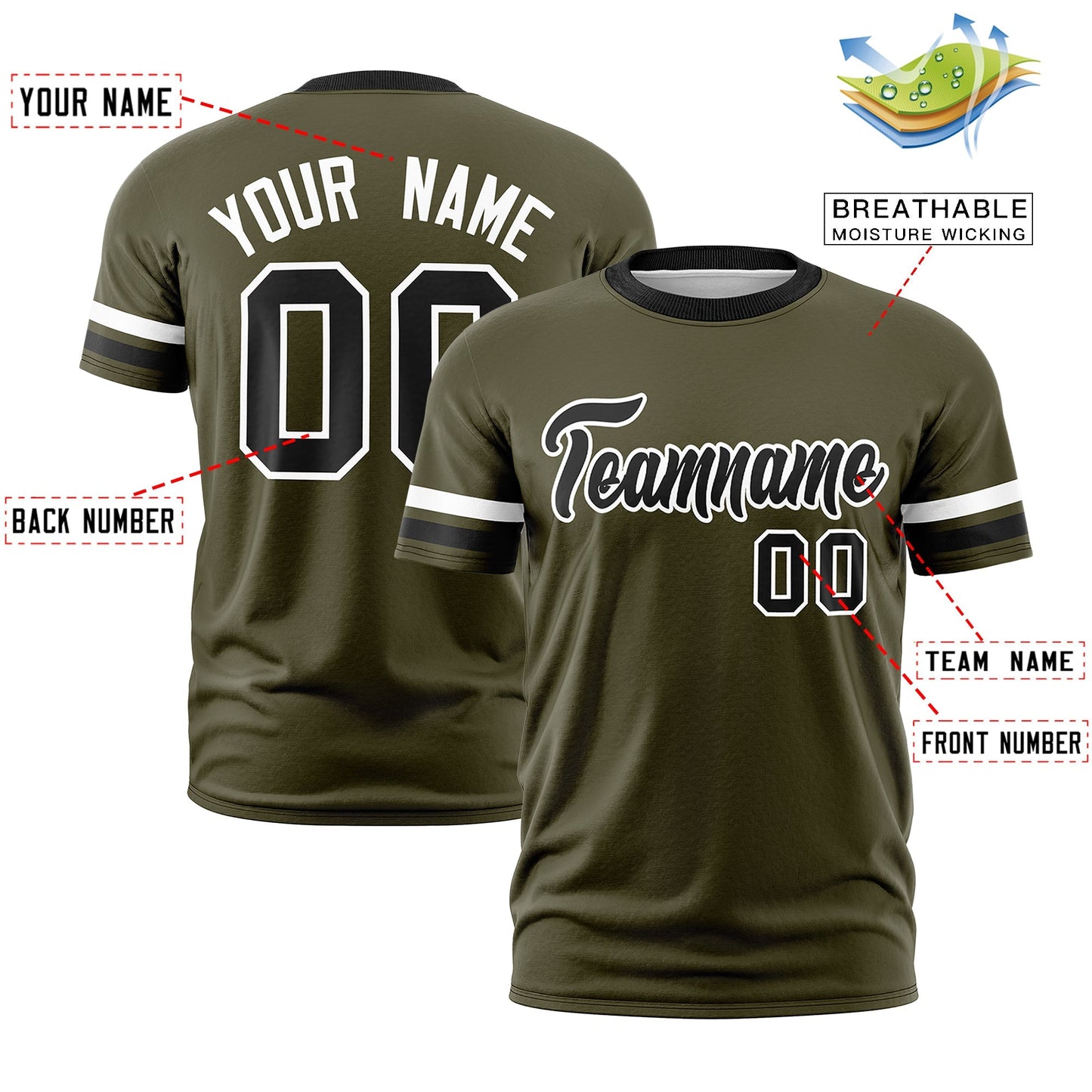 Custom Olive Black T-shirt Classic Style Stripe Fashion Sports Shirt for Youth & Adults