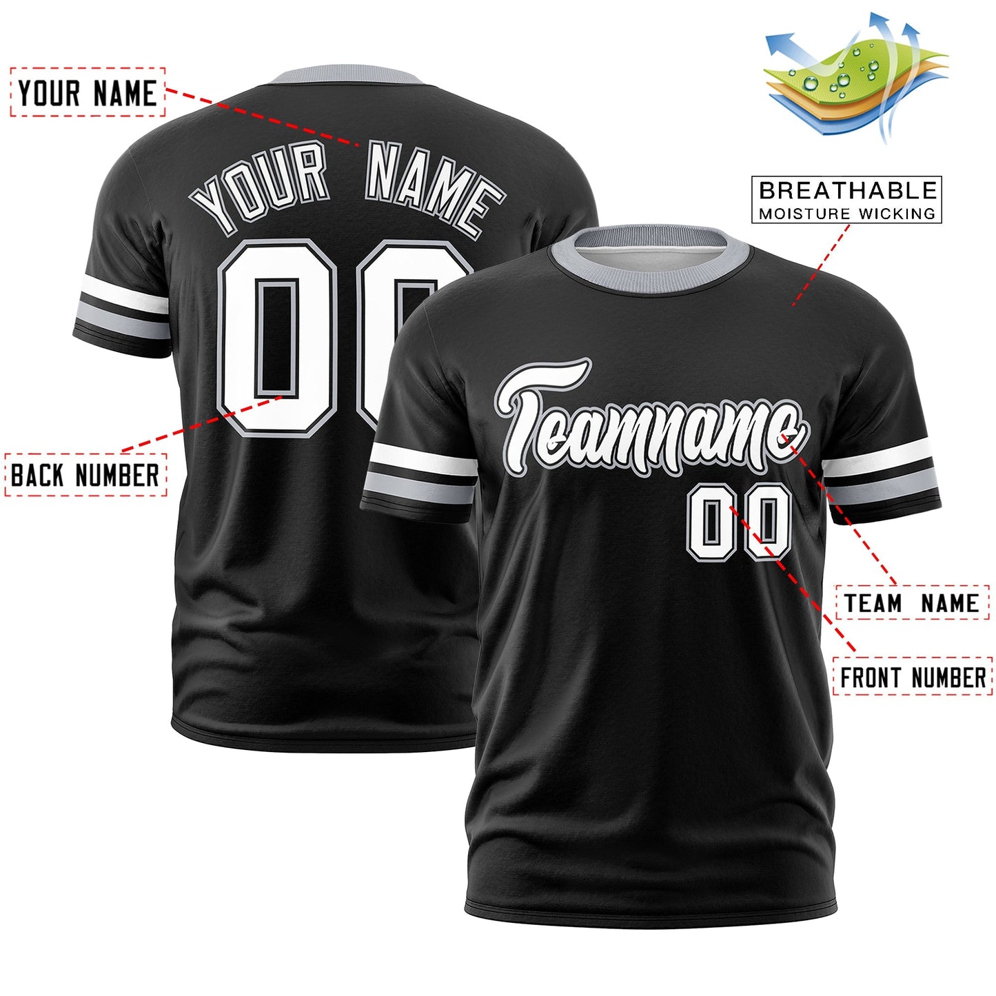 Custom Black Gray T-shirt Classic Style Stripe Fashion Sports Shirt for Youth & Adults