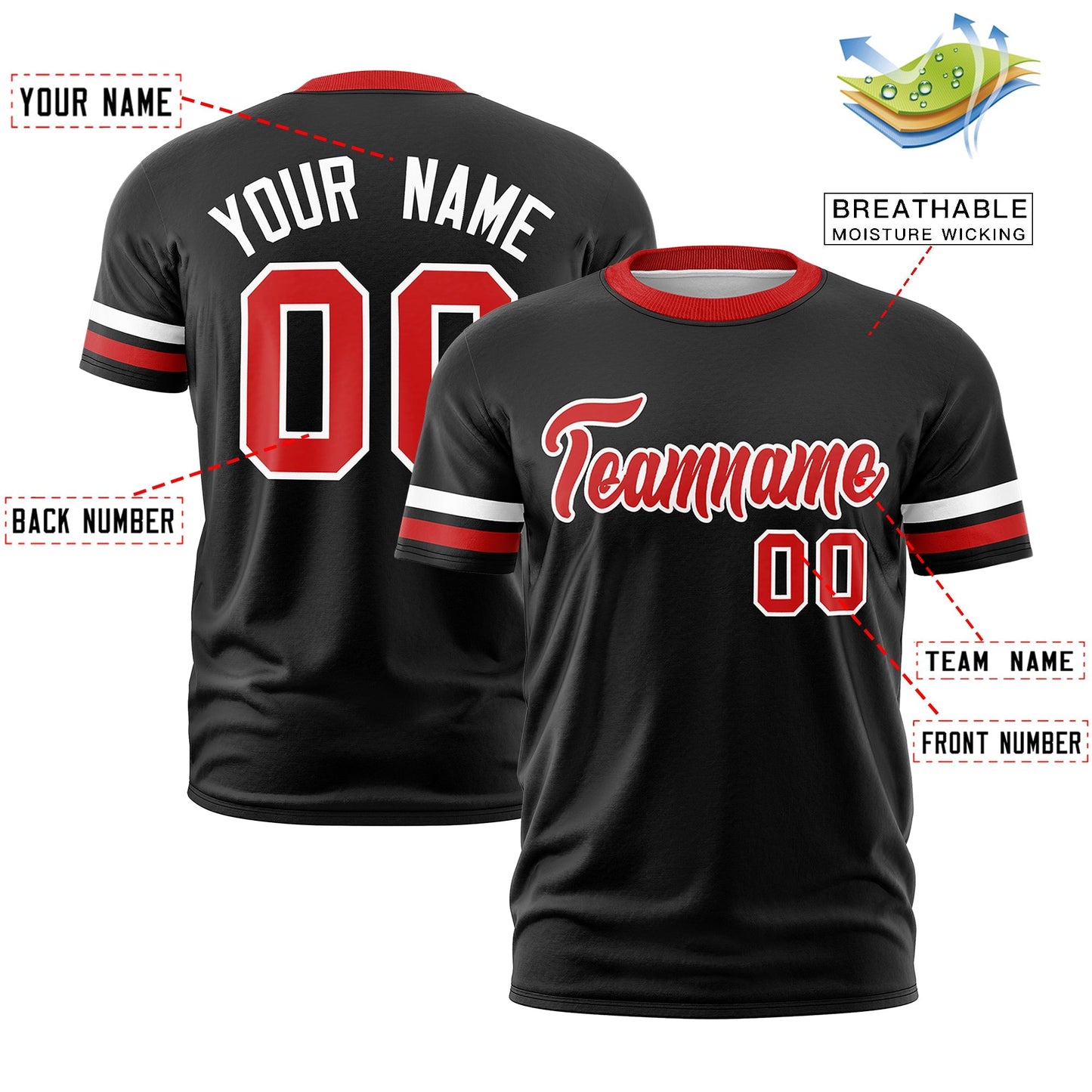 Custom Black Red T-shirt Classic Style Stripe Fashion Sports Shirt for Youth & Adults