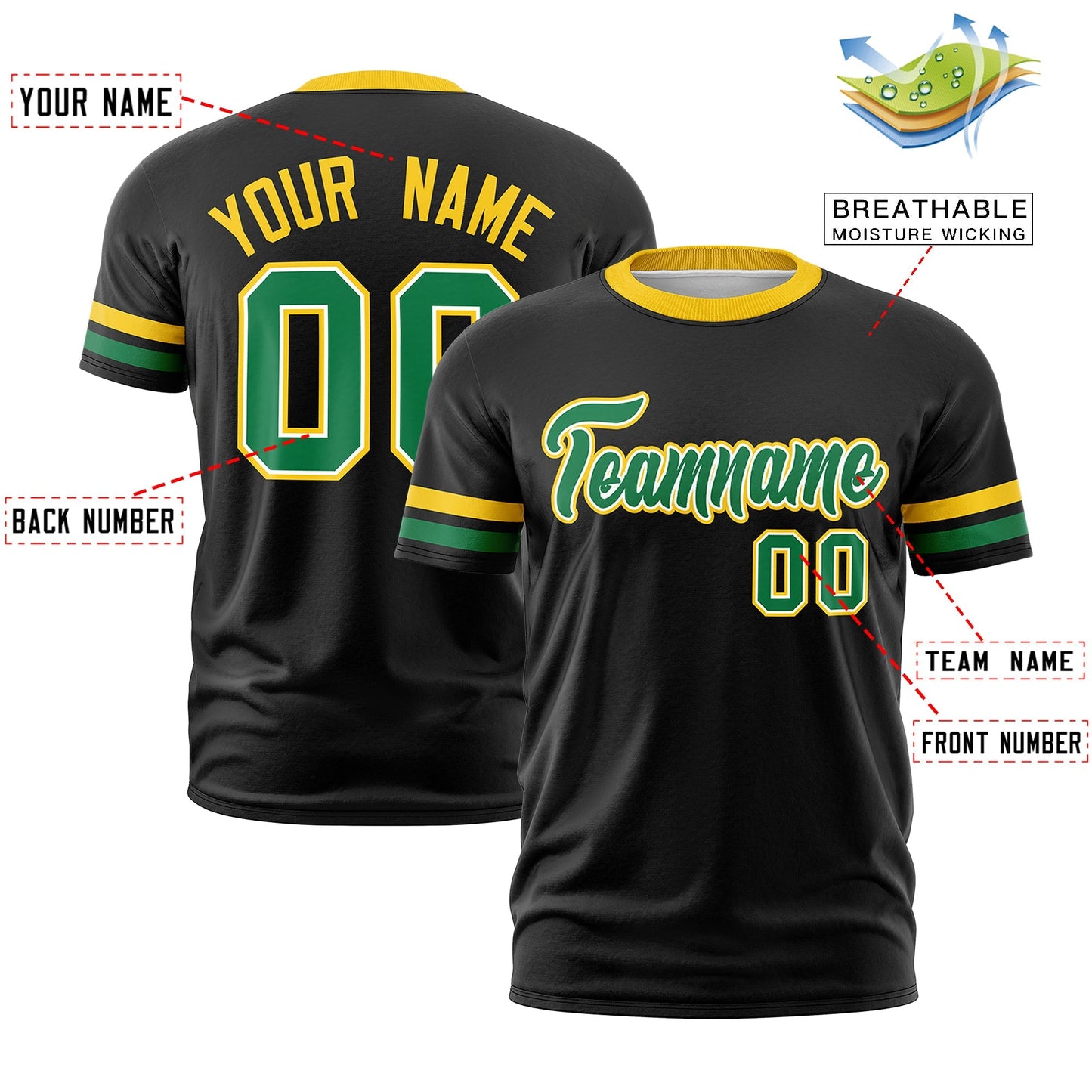 Custom Black Kelly Green T-shirt Classic Style Stripe Fashion Sports Shirt for Youth & Adults