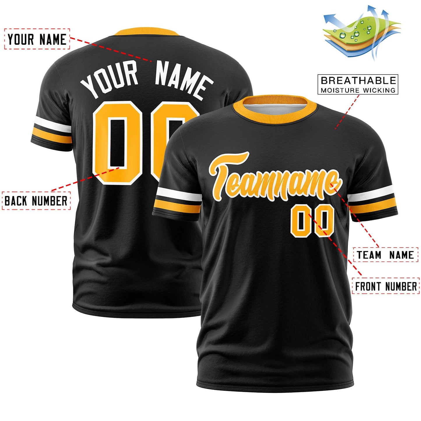 Custom Black Yellow T-shirt Classic Style Stripe Fashion Sports Shirt for Youth & Adults