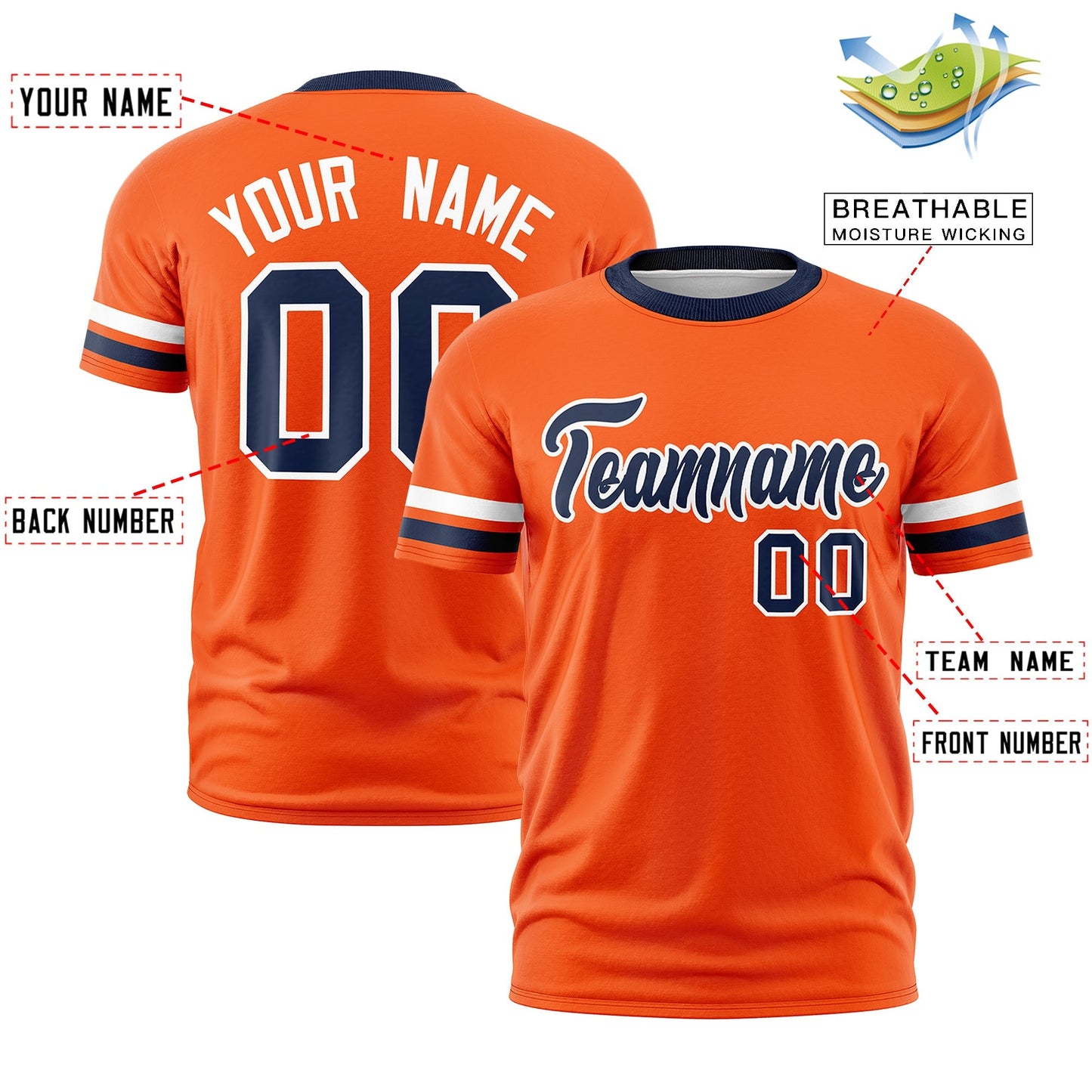 Custom Orange Navy T-shirt Classic Style Stripe Fashion Sports Shirt for Youth & Adults