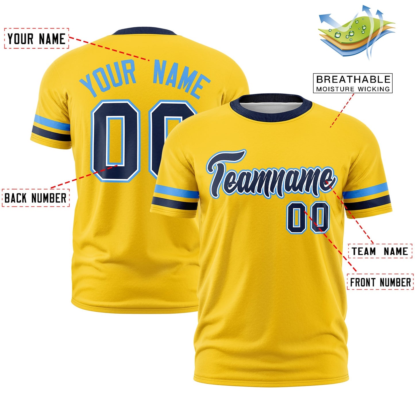 Custom Gold Navy T-shirt Classic Style Stripe Fashion Sports Shirt for Youth & Adults
