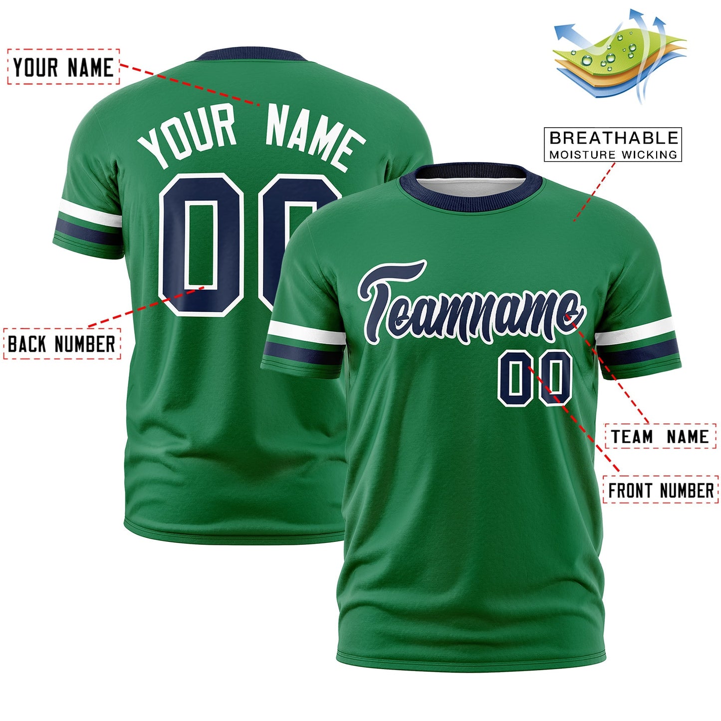 Custom Kelly Green Navy T-shirt Classic Style Stripe Fashion Sports Shirt for Youth & Adults