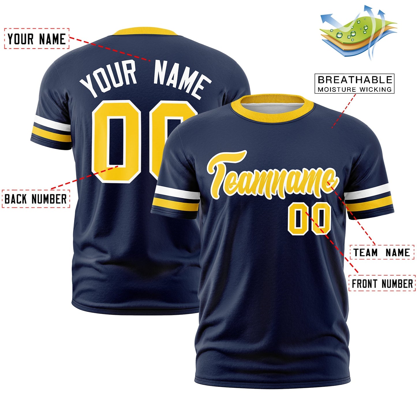 Custom Navy Gold T-shirt Classic Style Stripe Fashion Sports Shirt for Youth & Adults