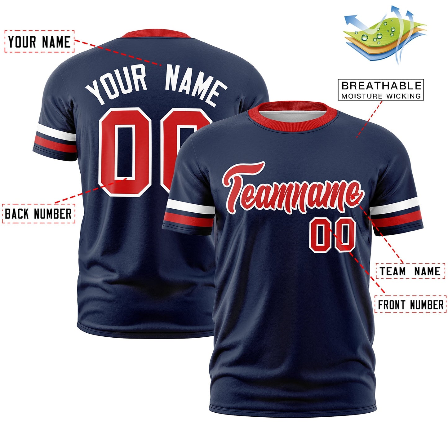 Custom Navy Red T-shirt Classic Style Stripe Fashion Sports Shirt for Youth & Adults