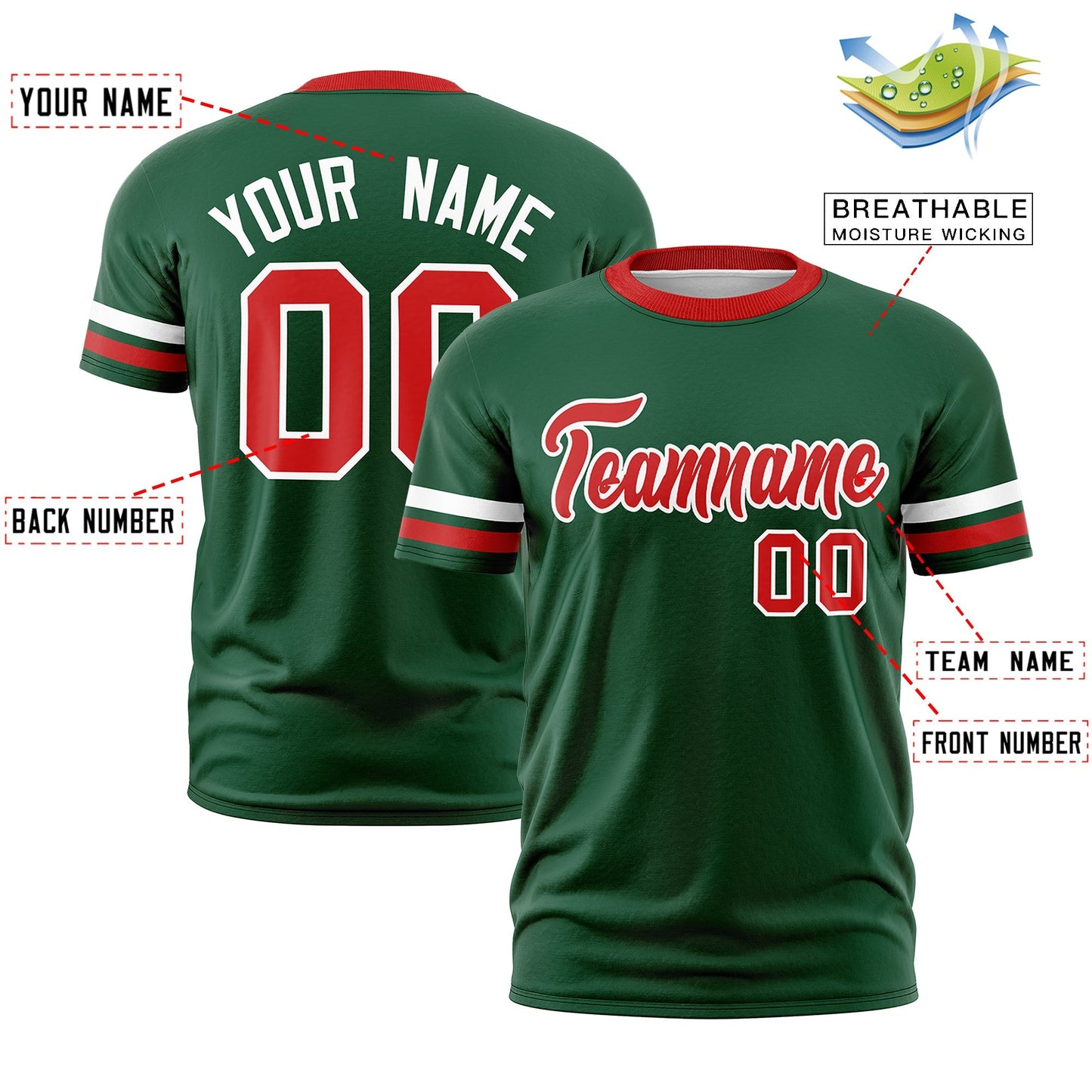 Custom Green Red T-shirt Classic Style Stripe Fashion Sports Shirt for Youth & Adults