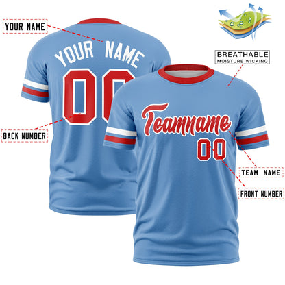 Custom Light Blue Red T-shirt Classic Style Stripe Fashion Sports Shirt for Youth & Adults
