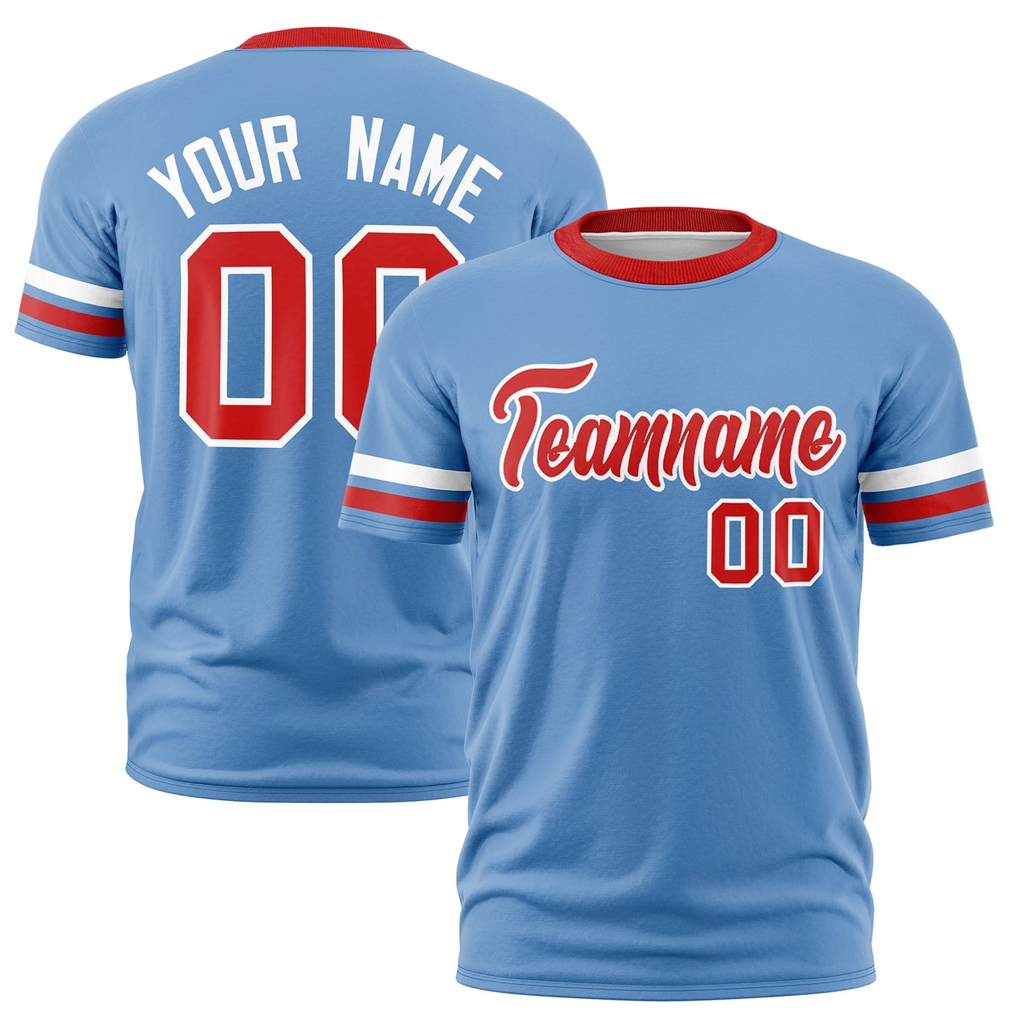 Custom Light Blue Red T-shirt Classic Style Stripe Fashion Sports Shirt for Youth & Adults