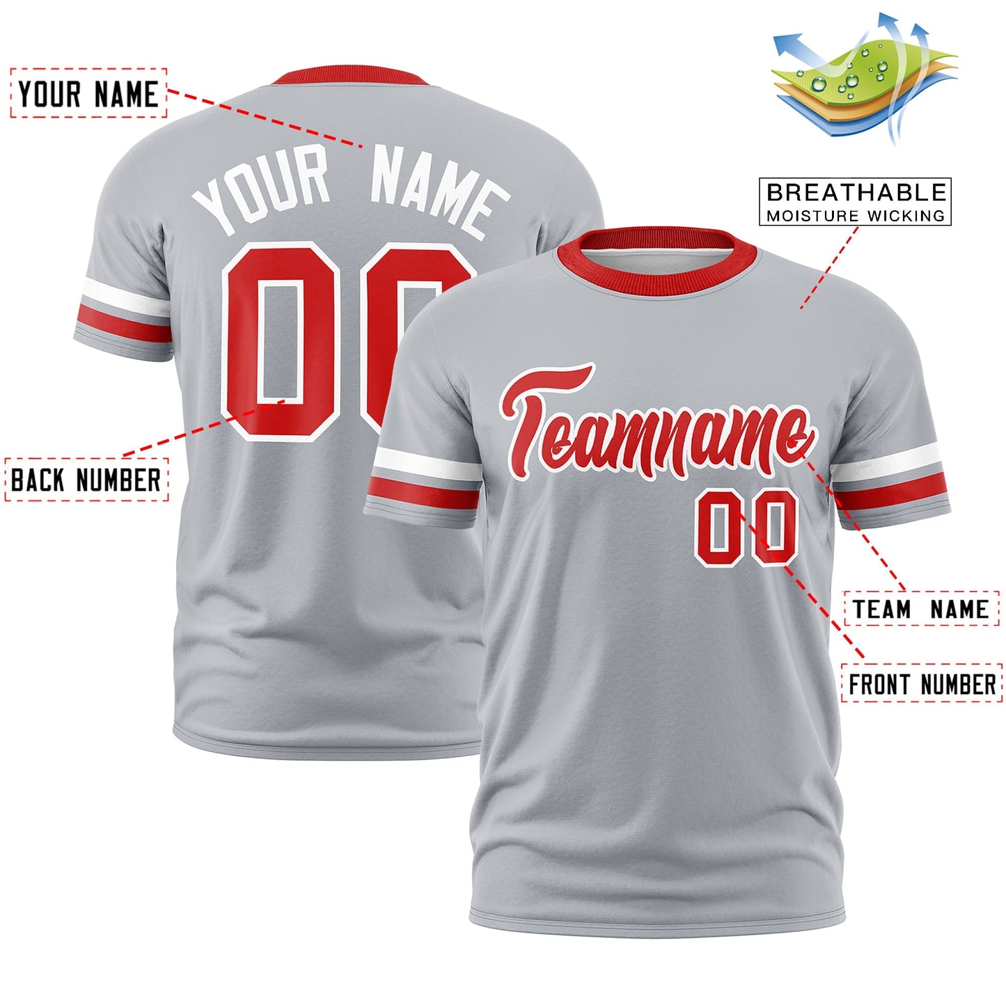 Custom Gray Red T-shirt Classic Style Stripe Fashion Sports Shirt for Youth & Adults