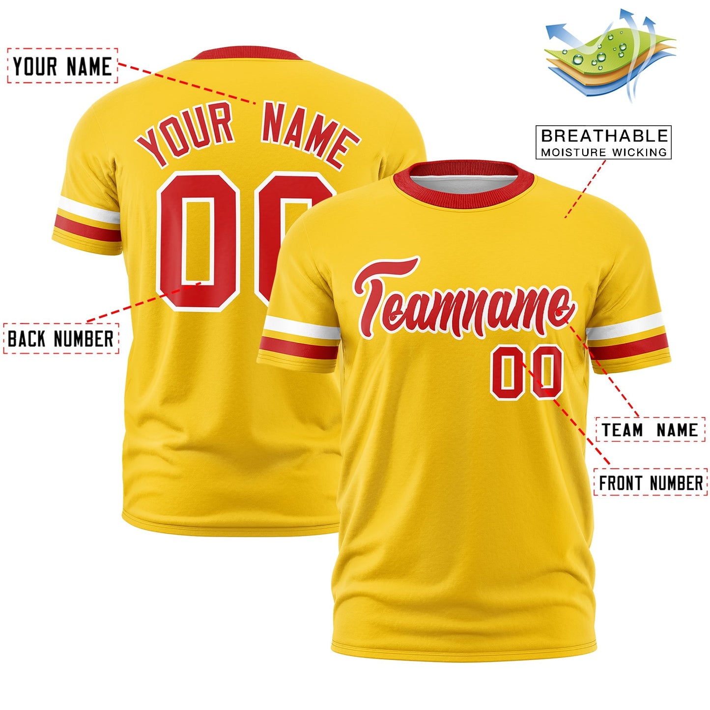 Custom Gold Red T-shirt Classic Style Stripe Fashion Sports Shirt for Youth & Adults