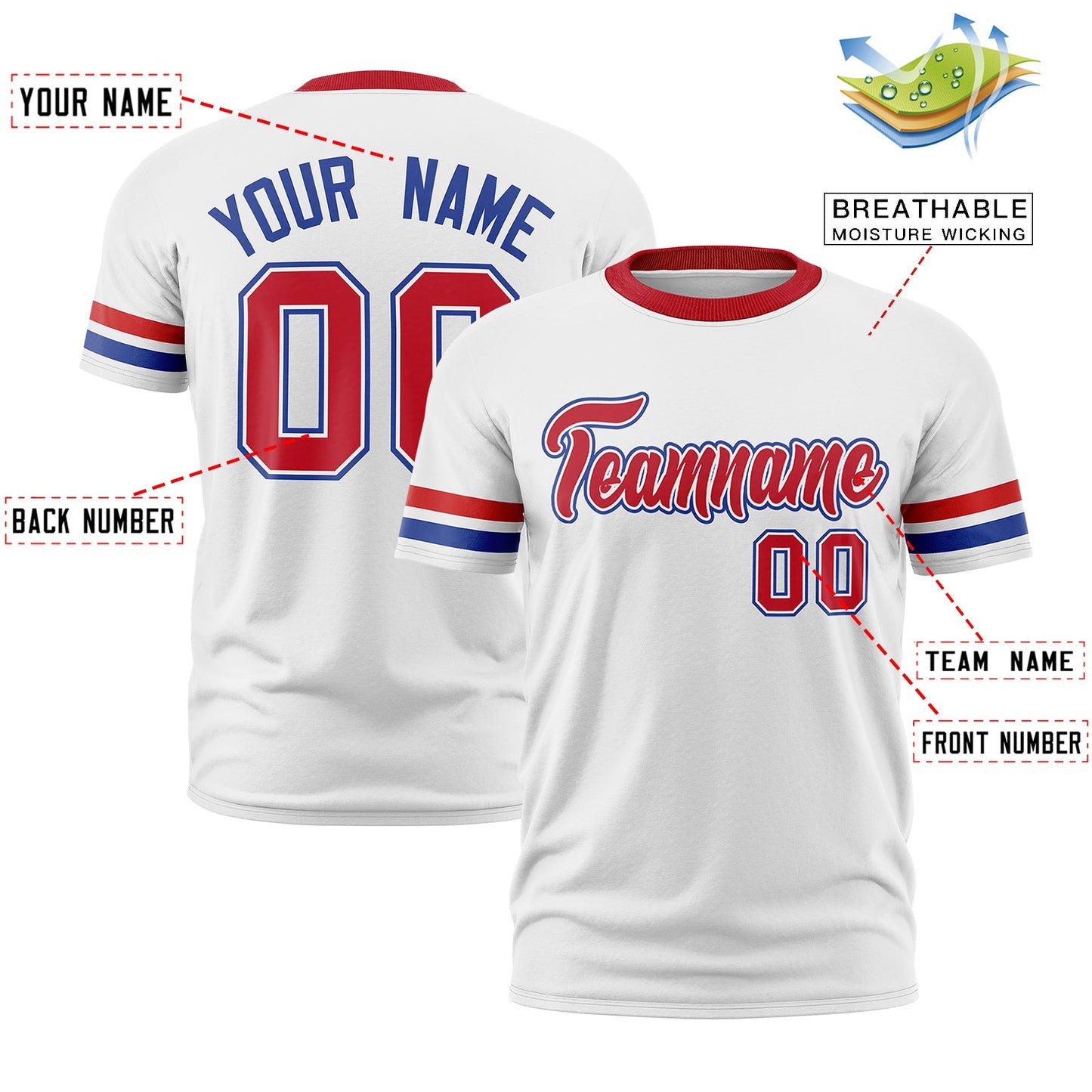 Custom White Royal Blue T-shirt Classic Style Stripe Fashion Sports Shirt for Youth & Adults