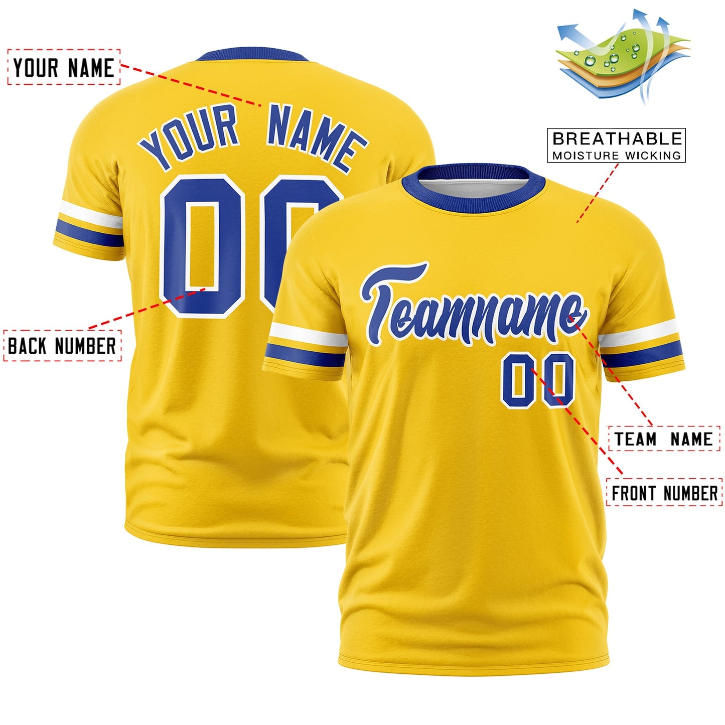 Custom Gold Royal Blue T-shirt Classic Style Stripe Fashion Sports Shirt for Youth & Adults