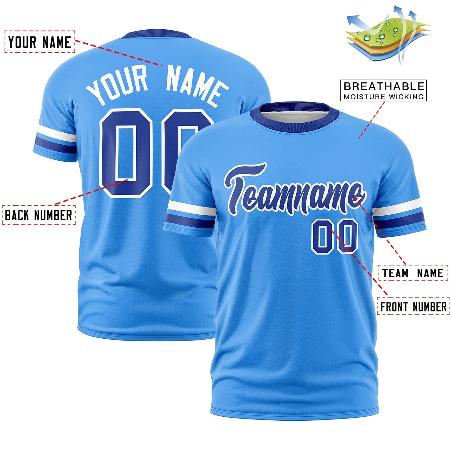 Custom Powder Blue Royal Blue T-shirt Classic Style Stripe Fashion Sports Shirt for Youth & Adults