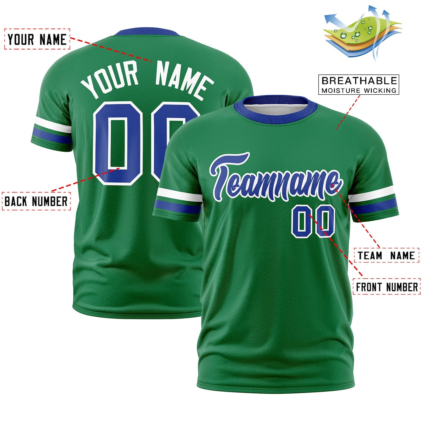 Custom Kelly Green Royal Blue T-shirt Classic Style Stripe Fashion Sports Shirt for Youth & Adults