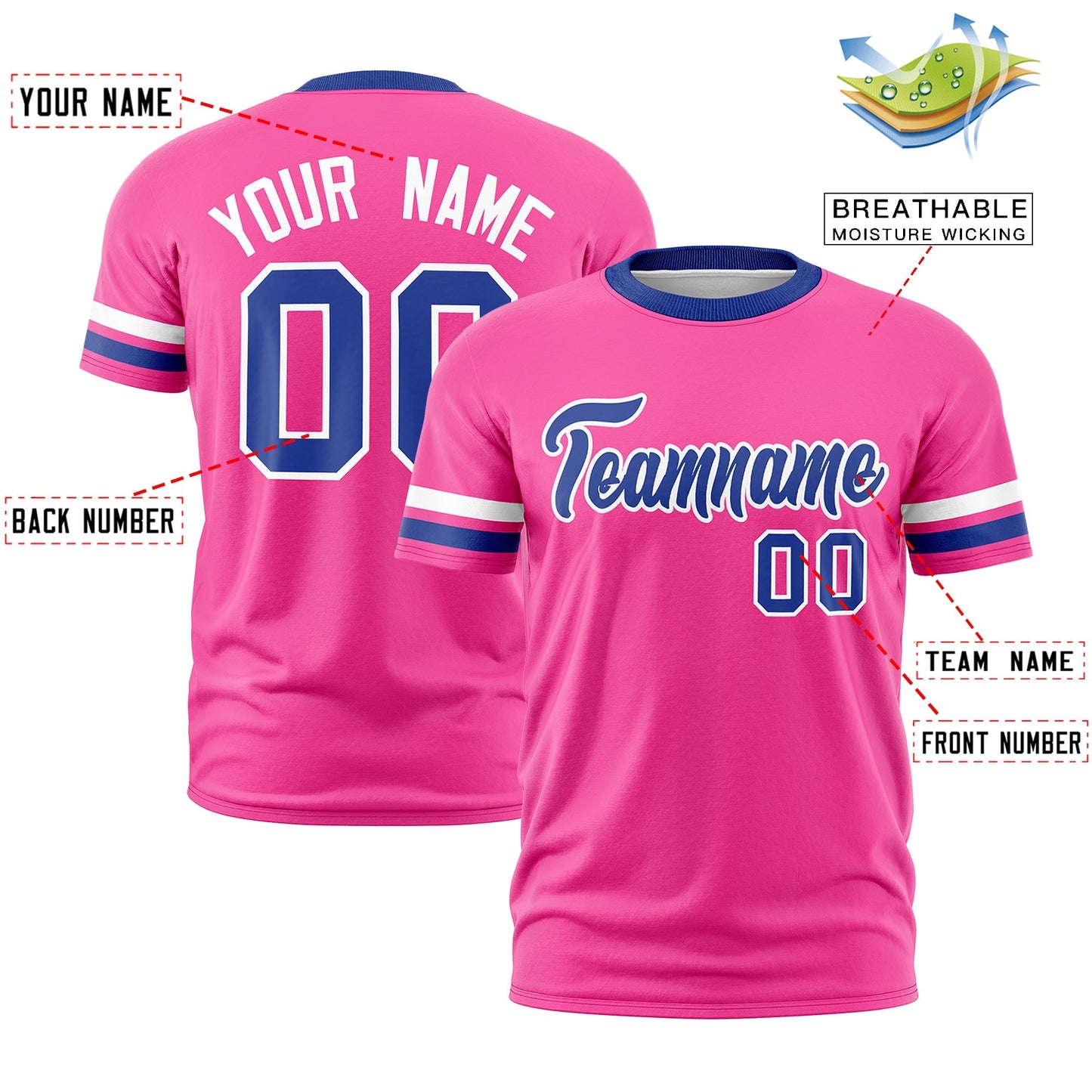 Custom Pink Royal Blue T-shirt Classic Style Stripe Fashion Sports Shirt for Youth & Adults