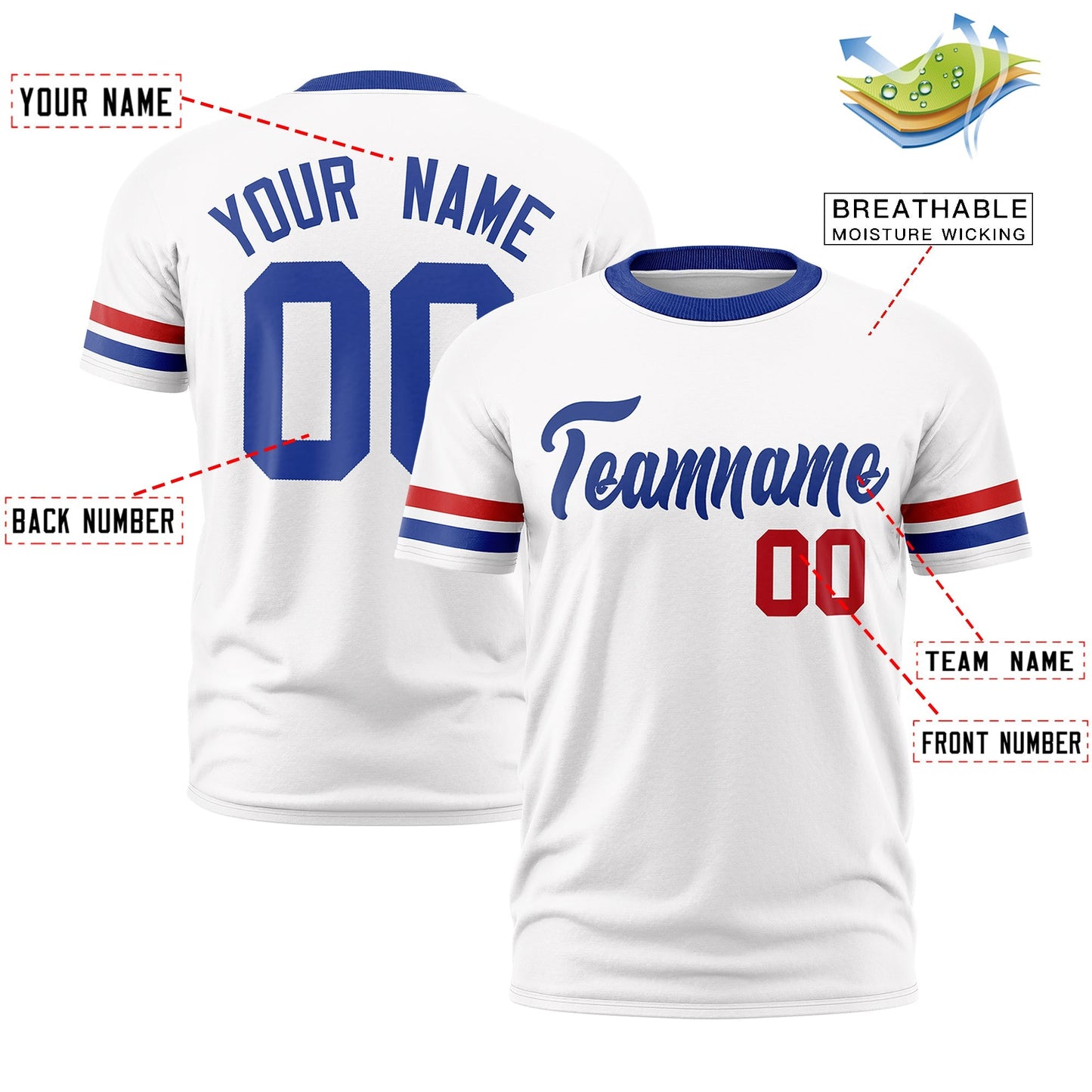 Custom White Royal Blue T-shirt Classic Style Stripe Fashion Sports Shirt for Youth & Adults