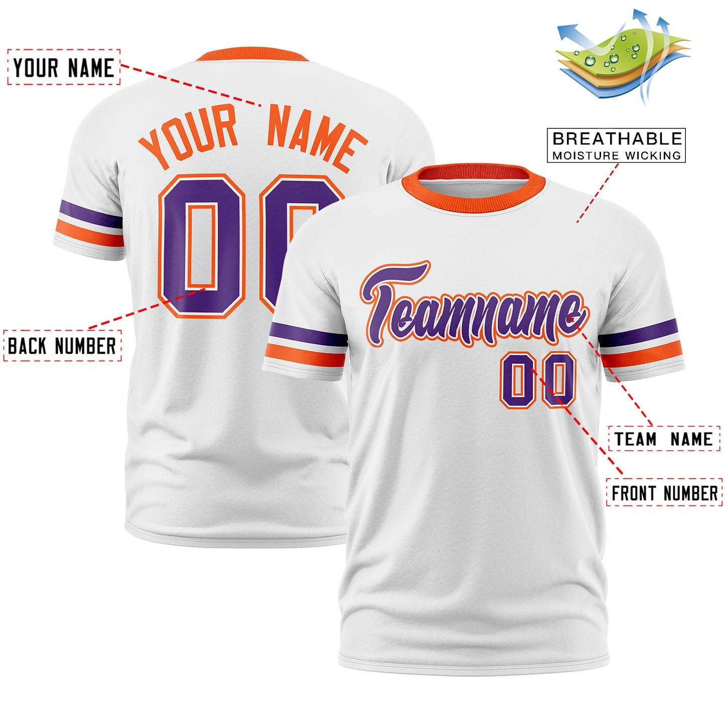 Custom White Orange T-shirt Classic Style Stripe Fashion Sports Shirt for Youth & Adults