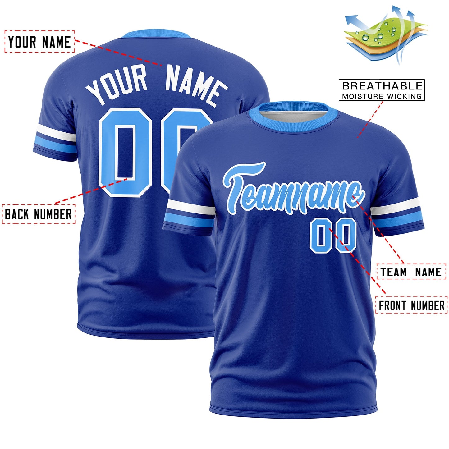Custom Royal Blue Powder Blue T-shirt Classic Style Stripe Fashion Sports Shirt for Youth & Adults