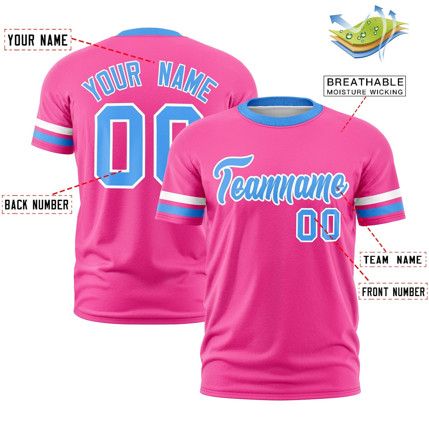 Custom Pink Powder Blue T-shirt Classic Style Stripe Fashion Sports Shirt for Youth & Adults
