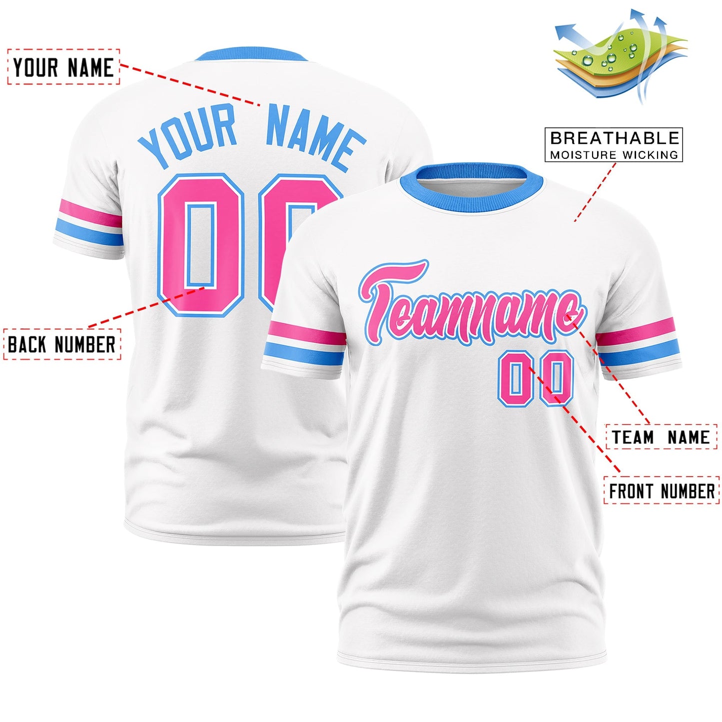 Custom White Powder Blue T-shirt Classic Style Stripe Fashion Sports Shirt for Youth & Adults