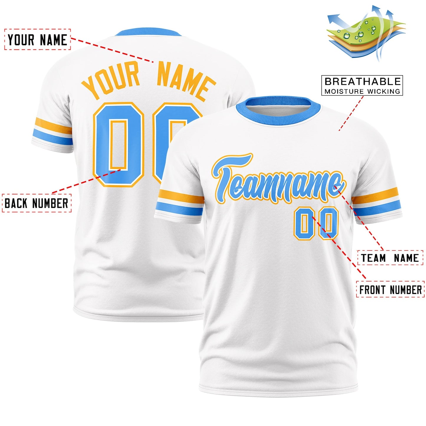 Custom White Powder Blue T-shirt Classic Style Stripe Fashion Sports Shirt for Youth & Adults