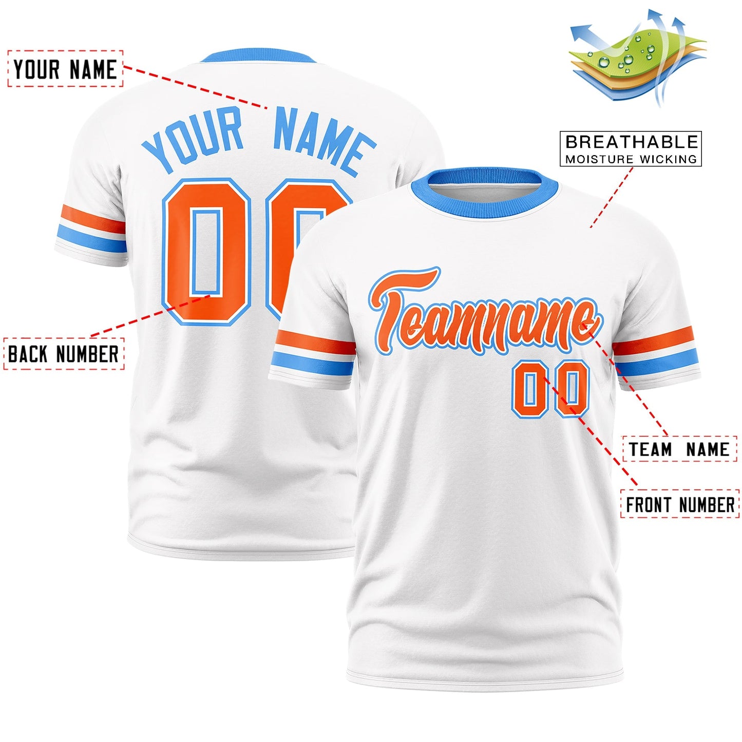Custom White Powder Blue T-shirt Classic Style Stripe Fashion Sports Shirt for Youth & Adults