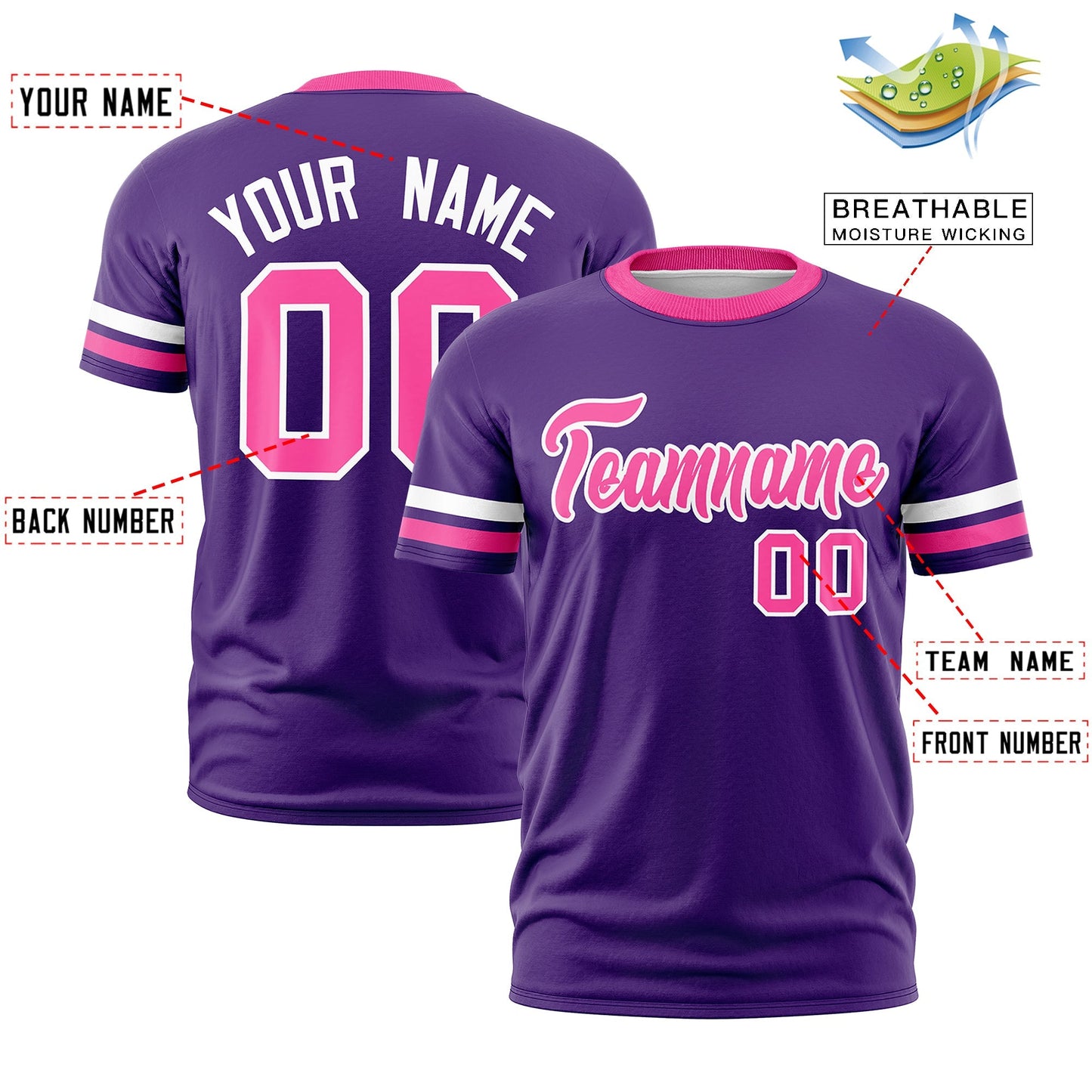 Custom Purple Pink T-shirt Classic Style Stripe Fashion Sports Shirt for Youth & Adults