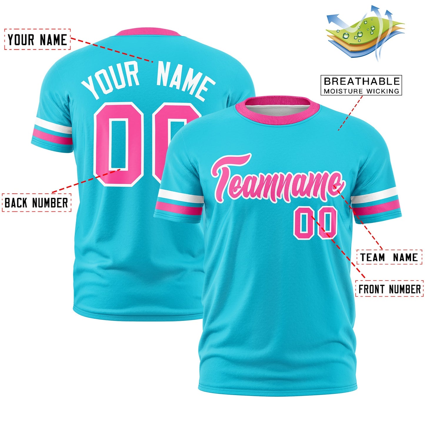 Custom Sky Blue Pink T-shirt Classic Style Stripe Fashion Sports Shirt for Youth & Adults