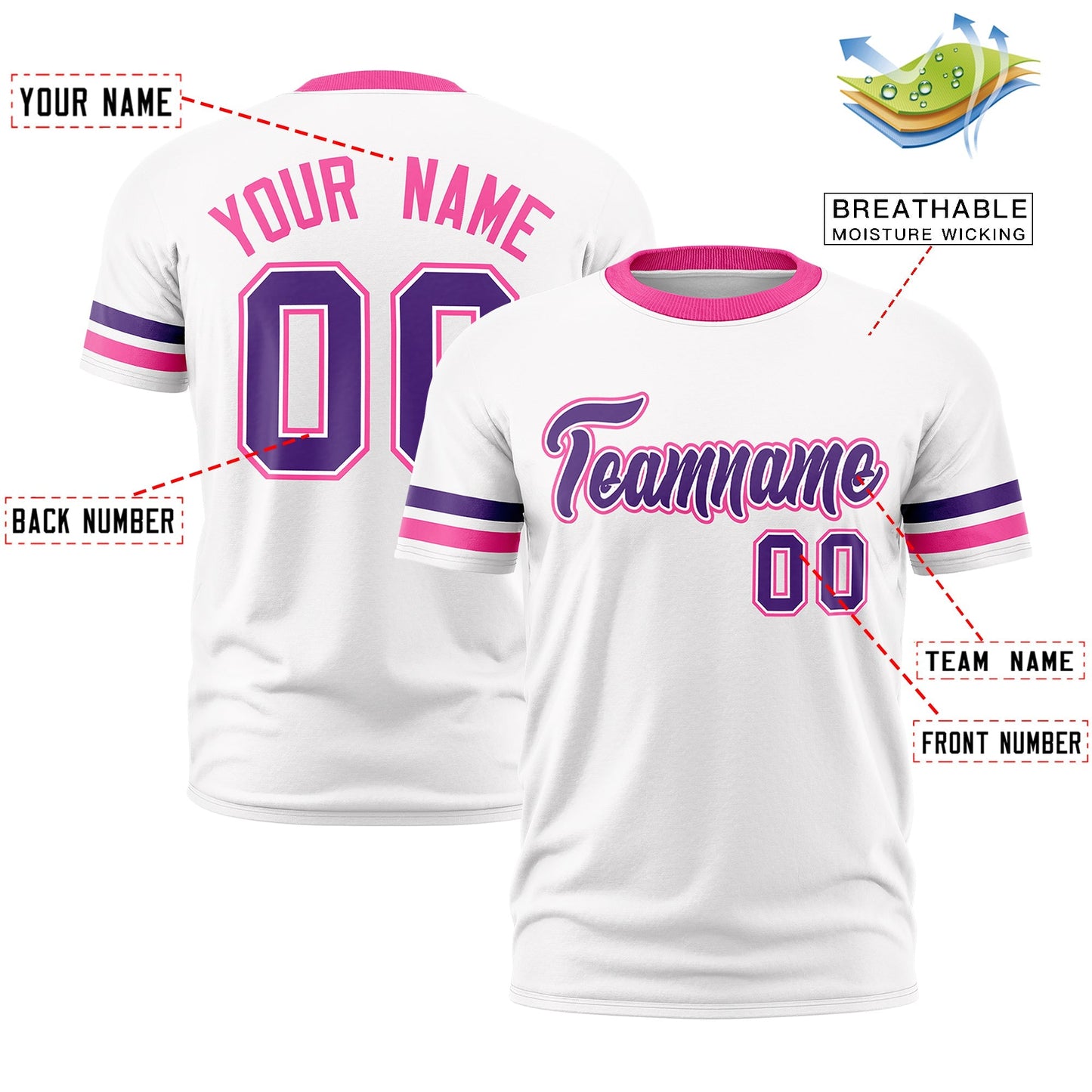 Custom White Pink T-shirt Classic Style Stripe Fashion Sports Shirt for Youth & Adults